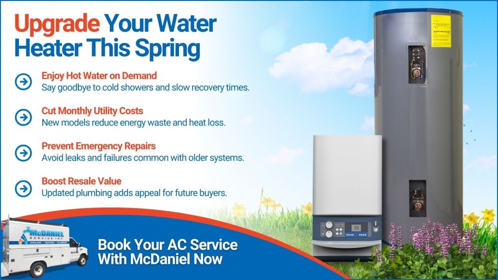 This is an image of a couple hot water heaters sitting in some flowers and grass. The headline reads upgrade your water heater this spring.