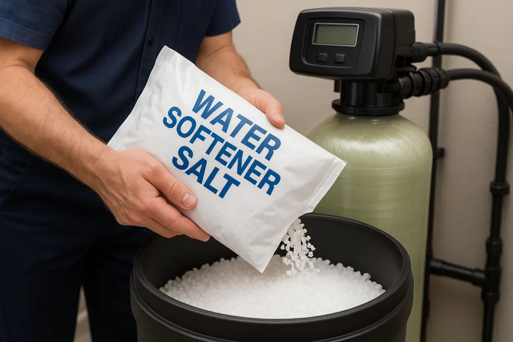 Technician refilling water softener brine tank with coarse salt