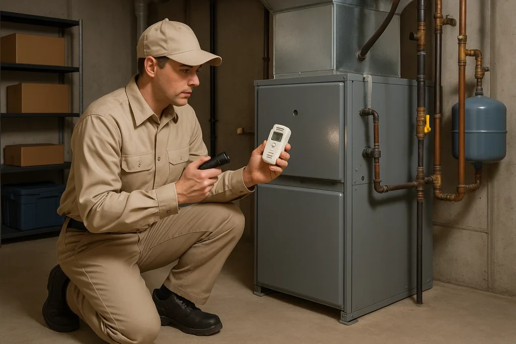 HVAC tech checking a furnace for leaks.