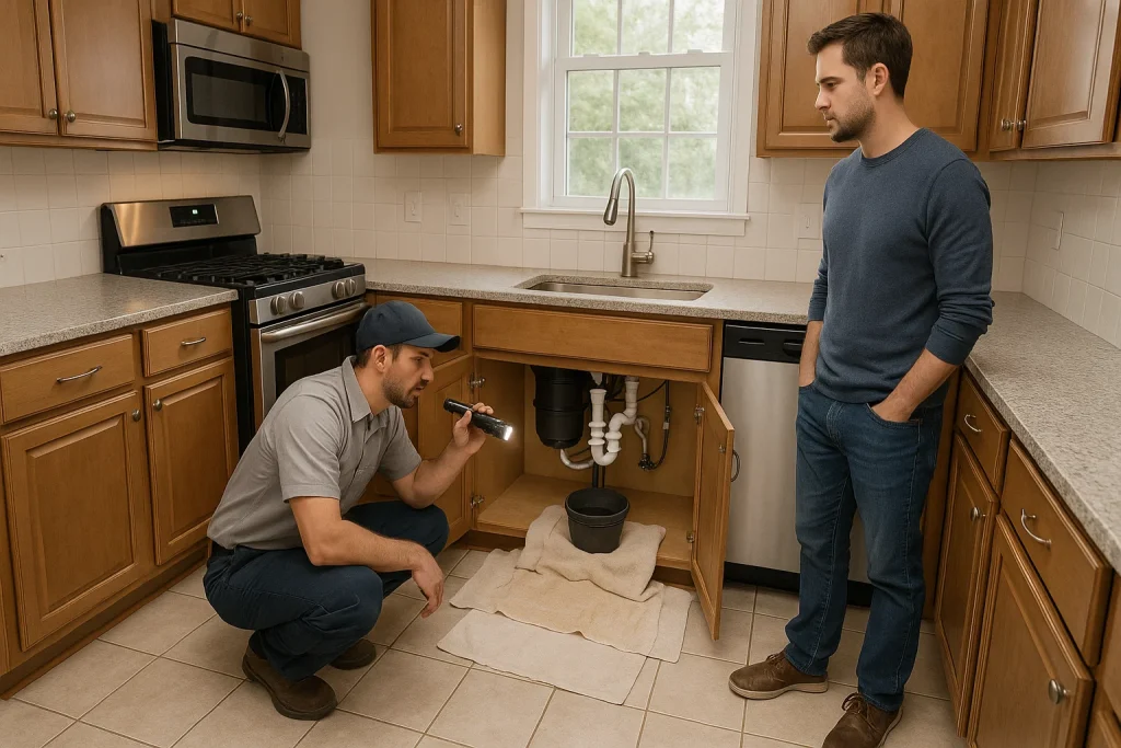 Homeowner closing under-sink shutoff while plumber assesses a kitchen leak