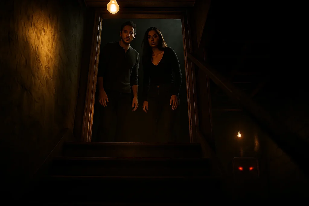A spooky image of a couple looking down into their basement from the top of the basement stairs.