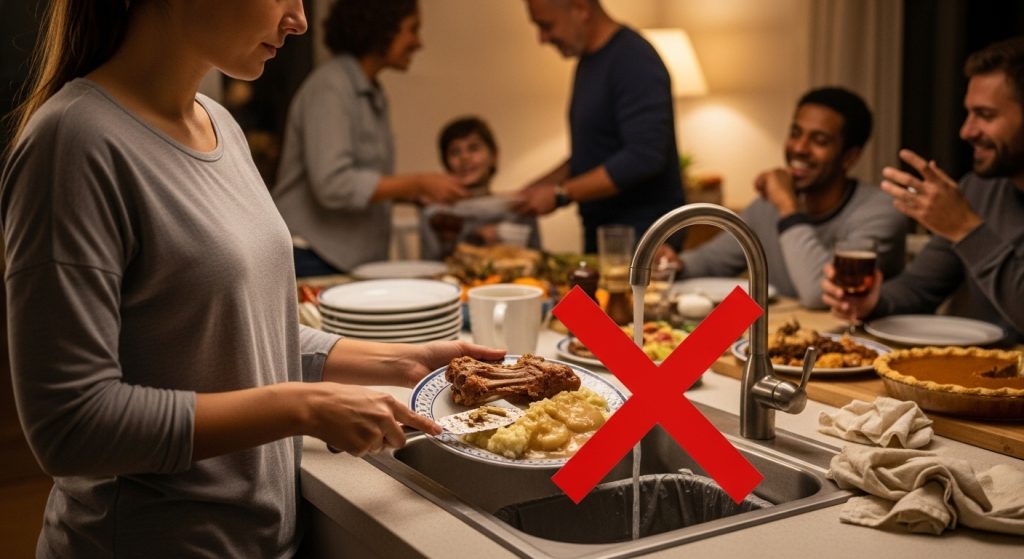 A happy family gathered in a kitchen finishing holiday dinner. A woman is scraping her left overs into the sink. There is a red X over the woman's plate.
