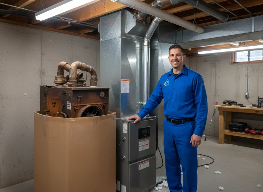 HVAC technician with a newly installed furnace