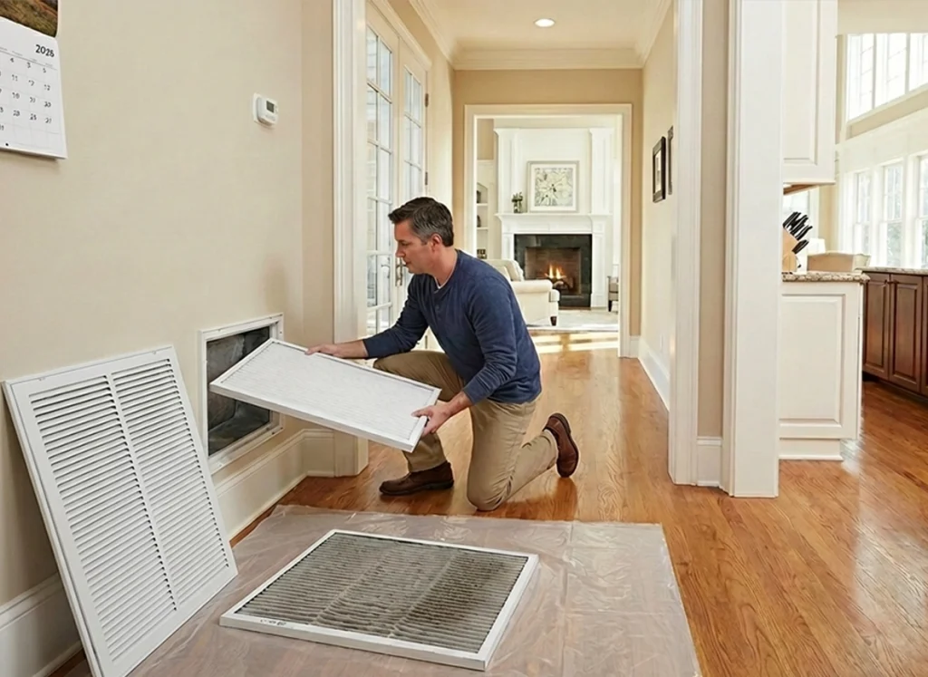 A homeowner changing his air filter in the hallway