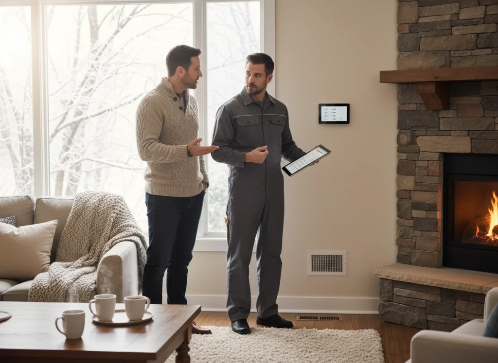 Homeowner talking with HVAC technician about thermostat and heating tips in winter living room