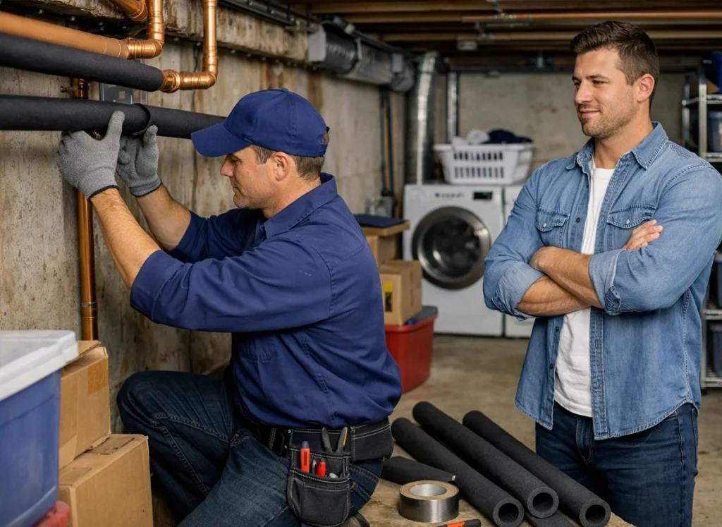 An image of a plumber, insulating copper water pipes in the basement of a home.