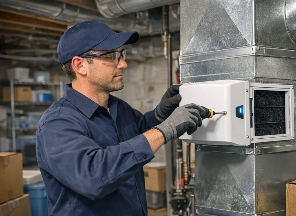 Technician installs whole‑house air purifier on HVAC return duct