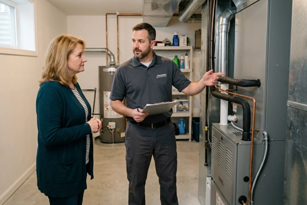 Homeowner comparing AC system options with technician