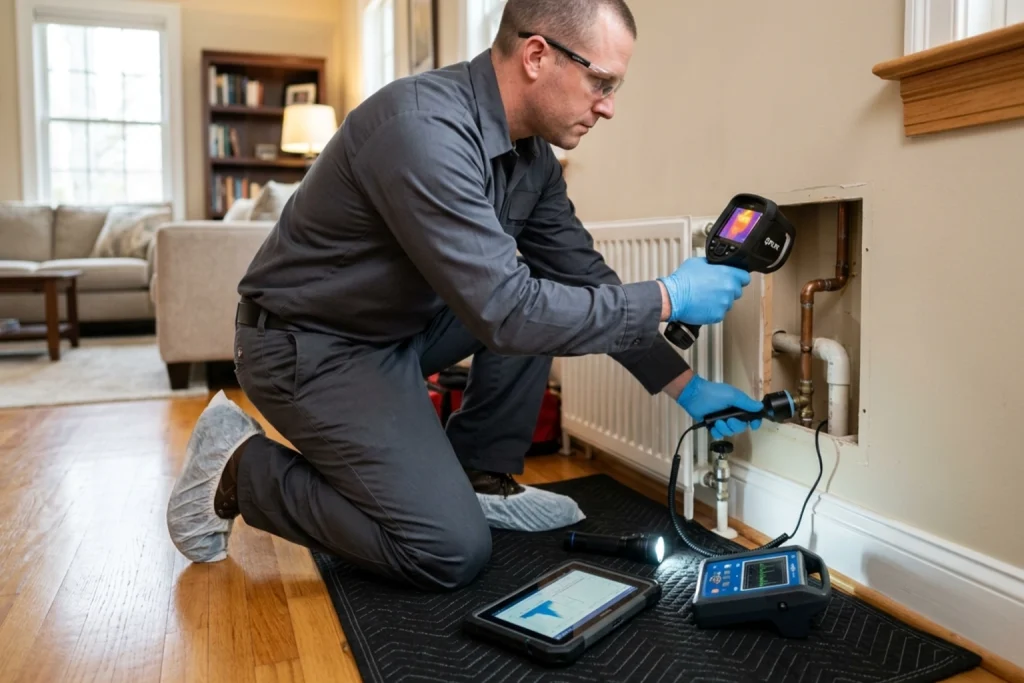 Plumber using advanced leak detection equipment