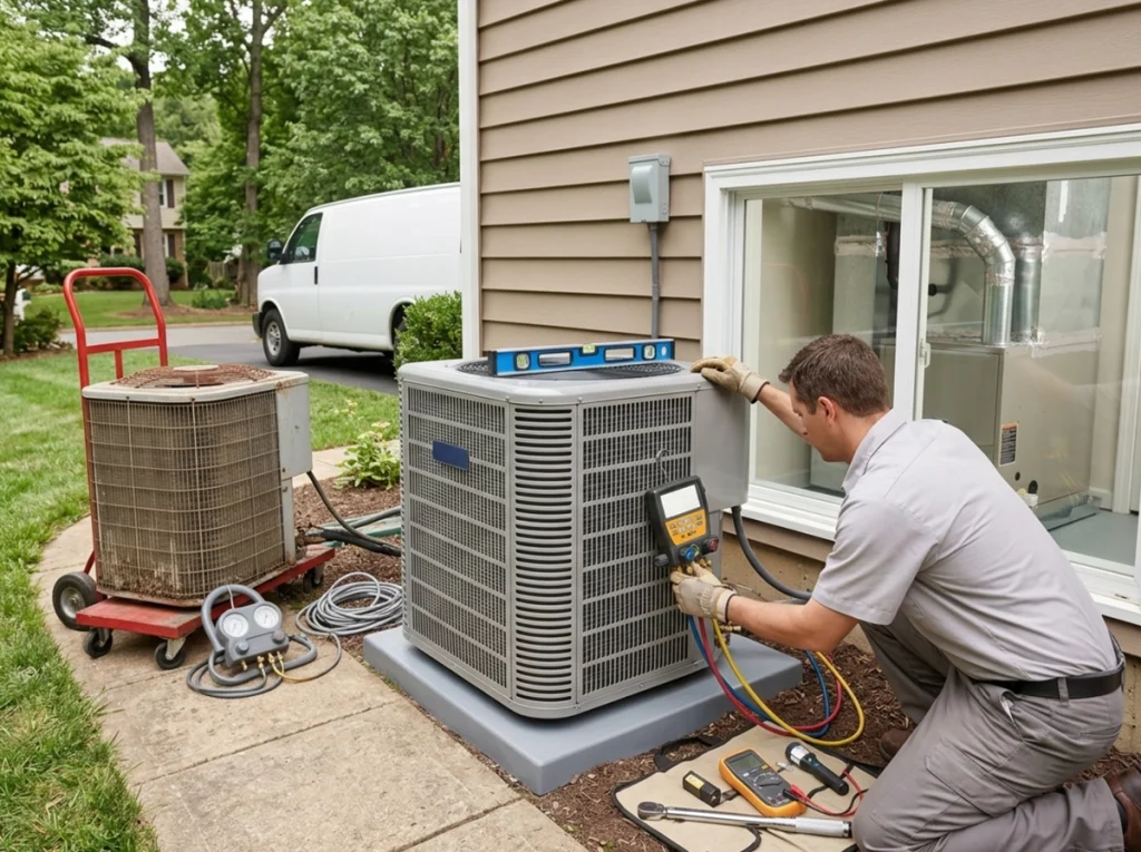 HVAC installer completing urgent air conditioner replacement