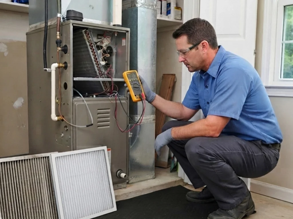 Technician diagnosing airflow humidity and condensate problems
