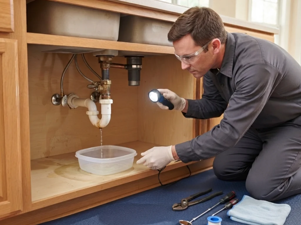 Plumber inspecting a hidden sink leak in a Springfield Virginia home