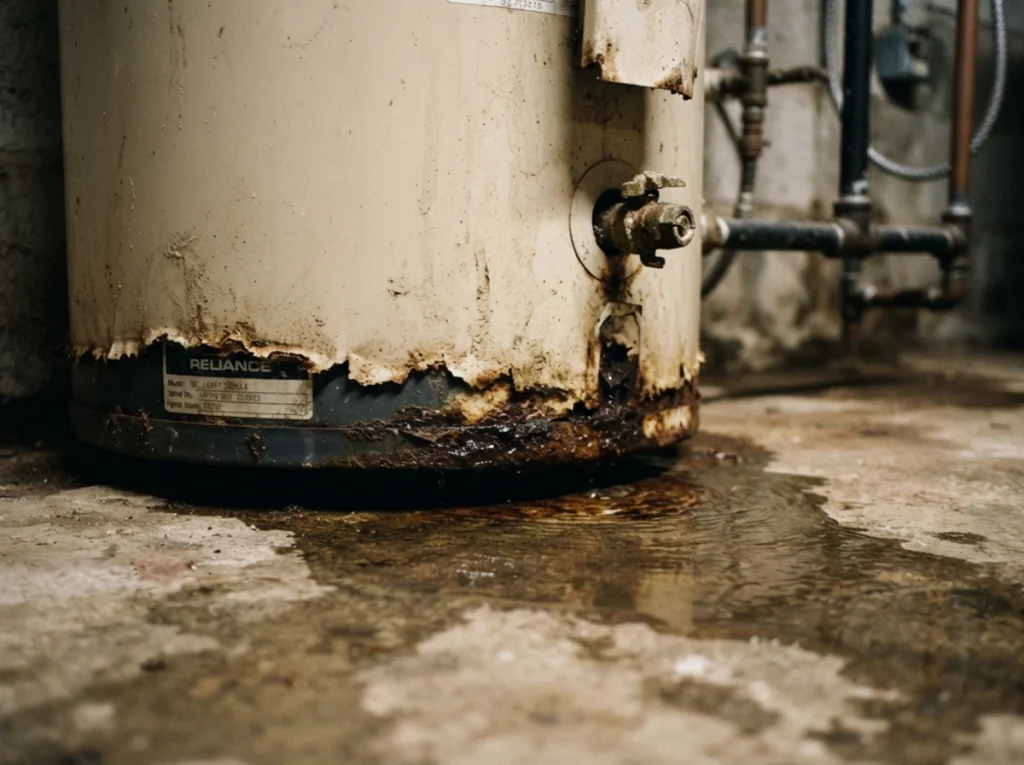 Water heater leaking water in a homeowner's basement.