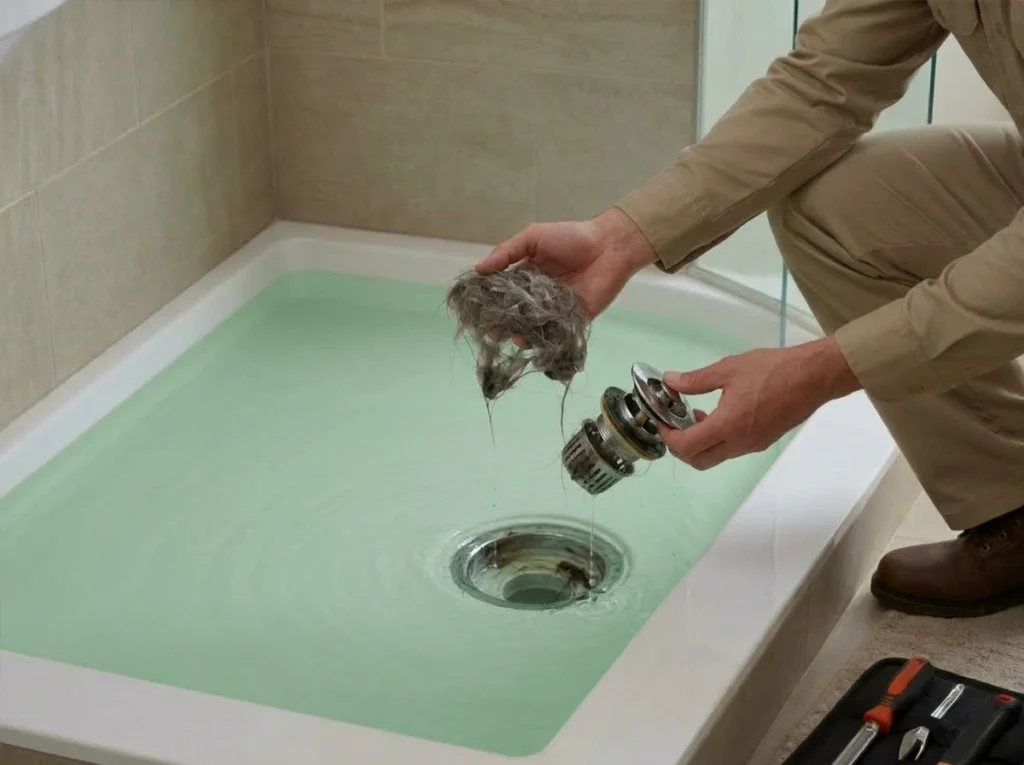 Plumber removing hair and soap buildup from a slow shower drain in Springfield Virginia